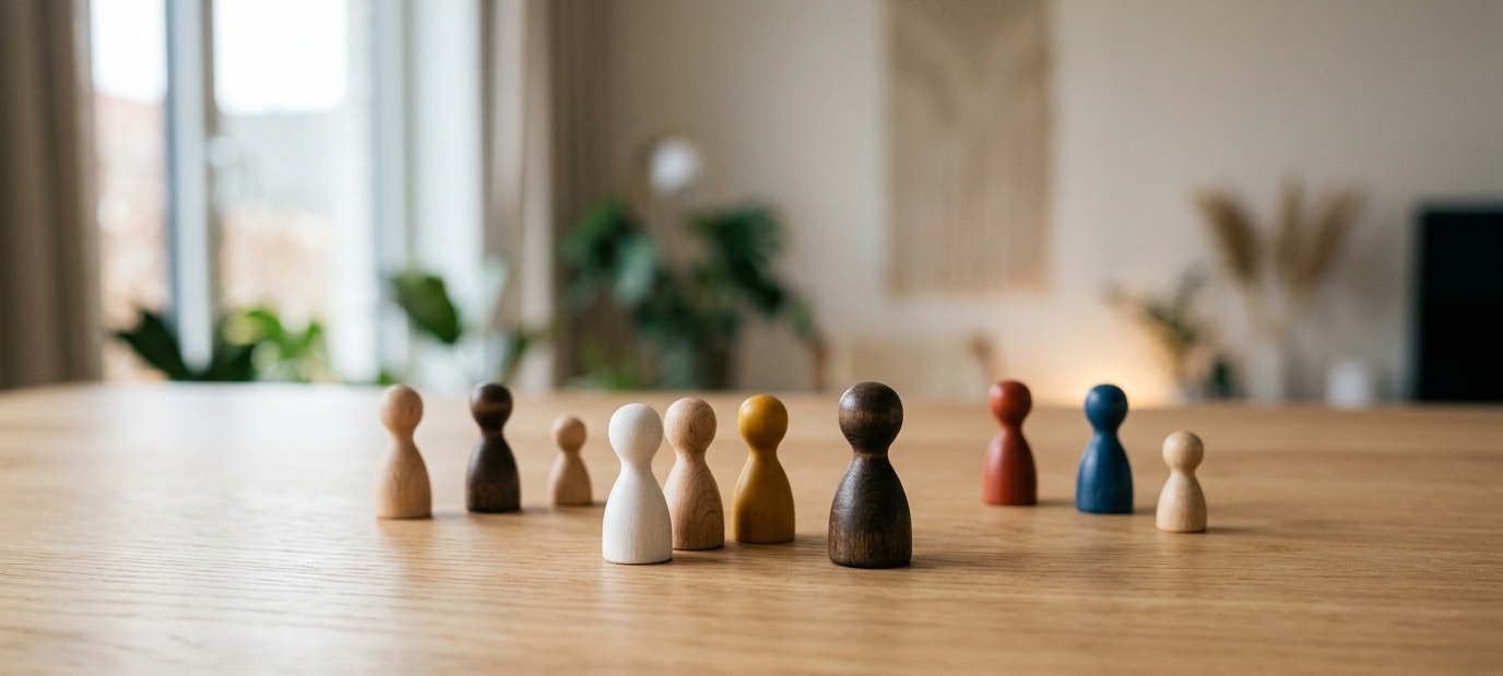 Houten figuurtjes in een tafelopstelling op een lichte houten tafel